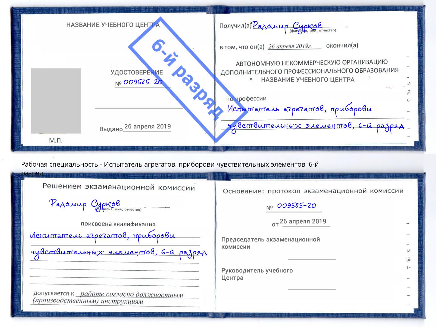 корочка 6-й разряд Испытатель агрегатов, приборови чувствительных элементов Кашира