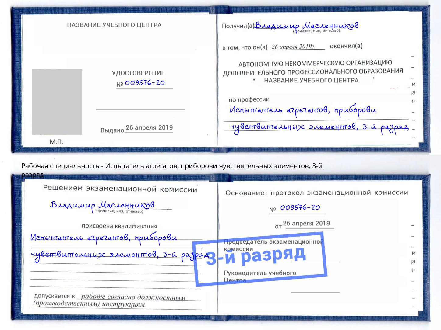 корочка 3-й разряд Испытатель агрегатов, приборови чувствительных элементов Кашира