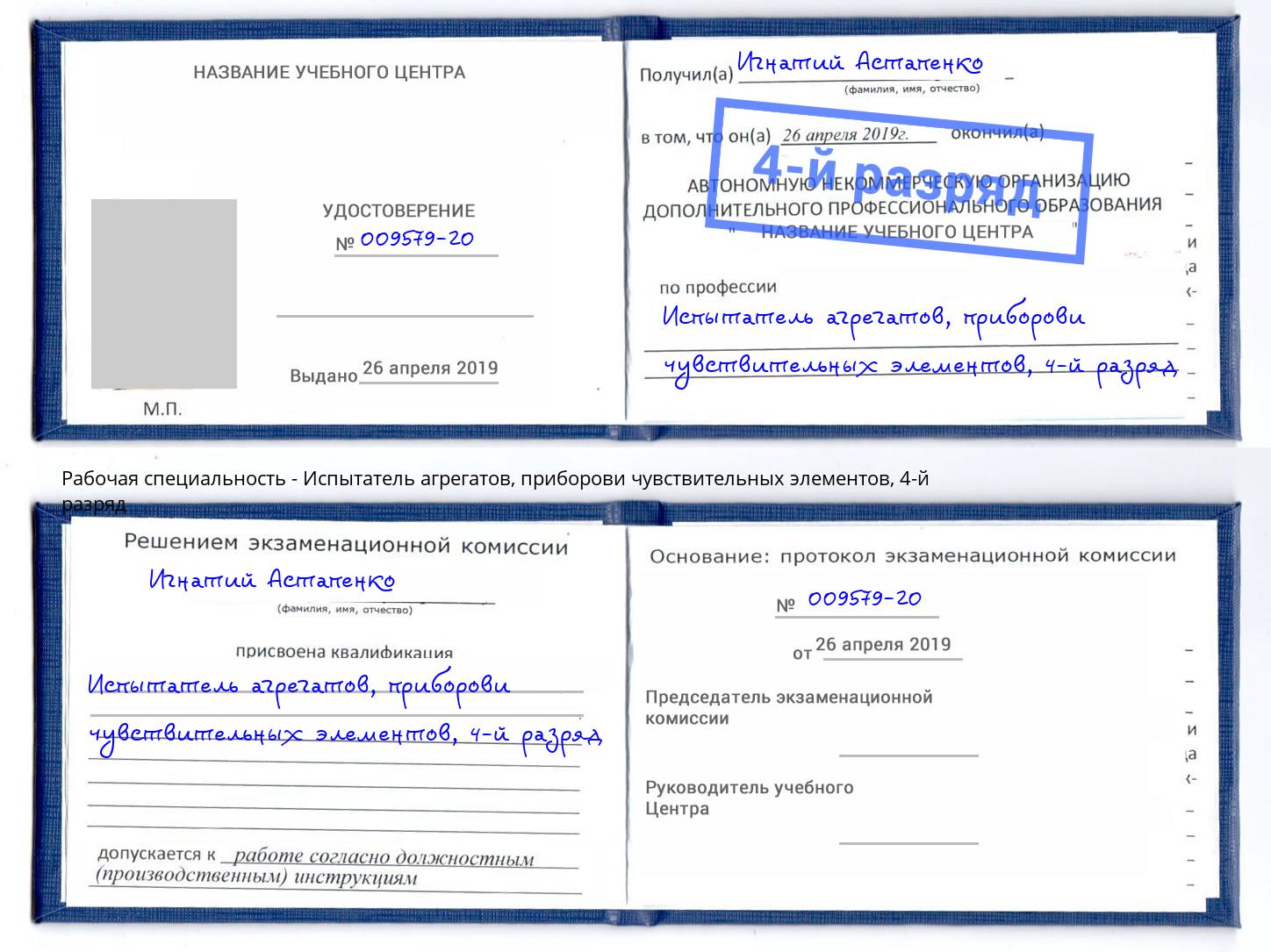 корочка 4-й разряд Испытатель агрегатов, приборови чувствительных элементов Кашира