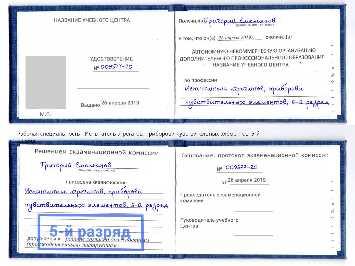 корочка 5-й разряд Испытатель агрегатов, приборови чувствительных элементов Кашира