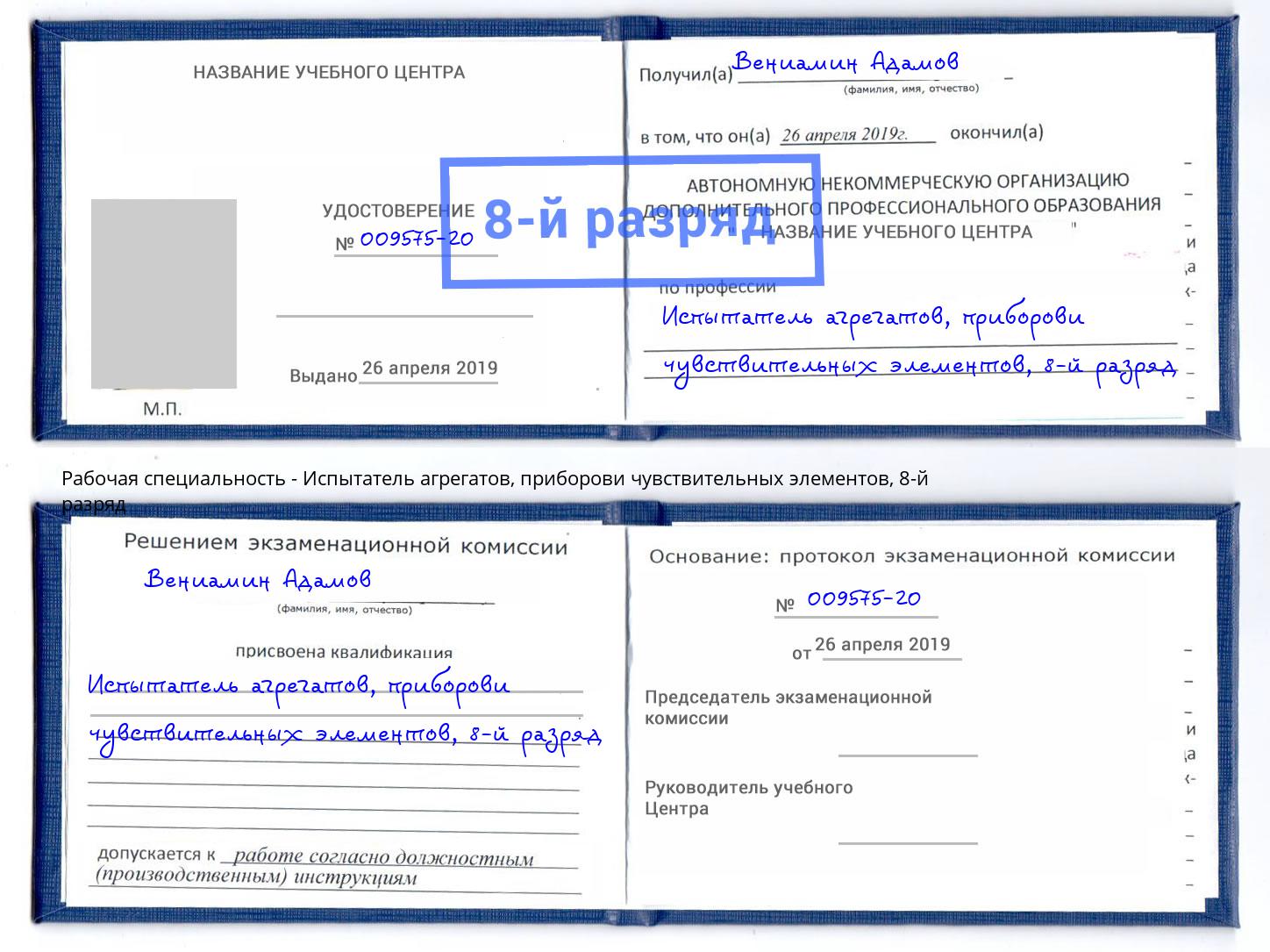 корочка 8-й разряд Испытатель агрегатов, приборови чувствительных элементов Кашира